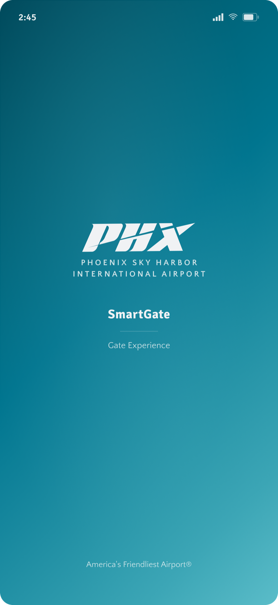 SmartGate splash screen with the PHX Sky Harbor logo and the tagline America's Friendliest Airport